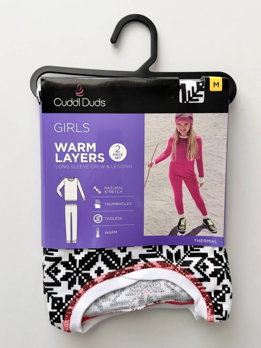 NWT Cuddl Duds Girls 2-Piece Thermal Set - Black & White Snowflake Pattern